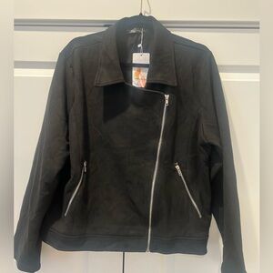 Women’s Black Suede Jacket by Pretty Garden with Silver zip XL NWT